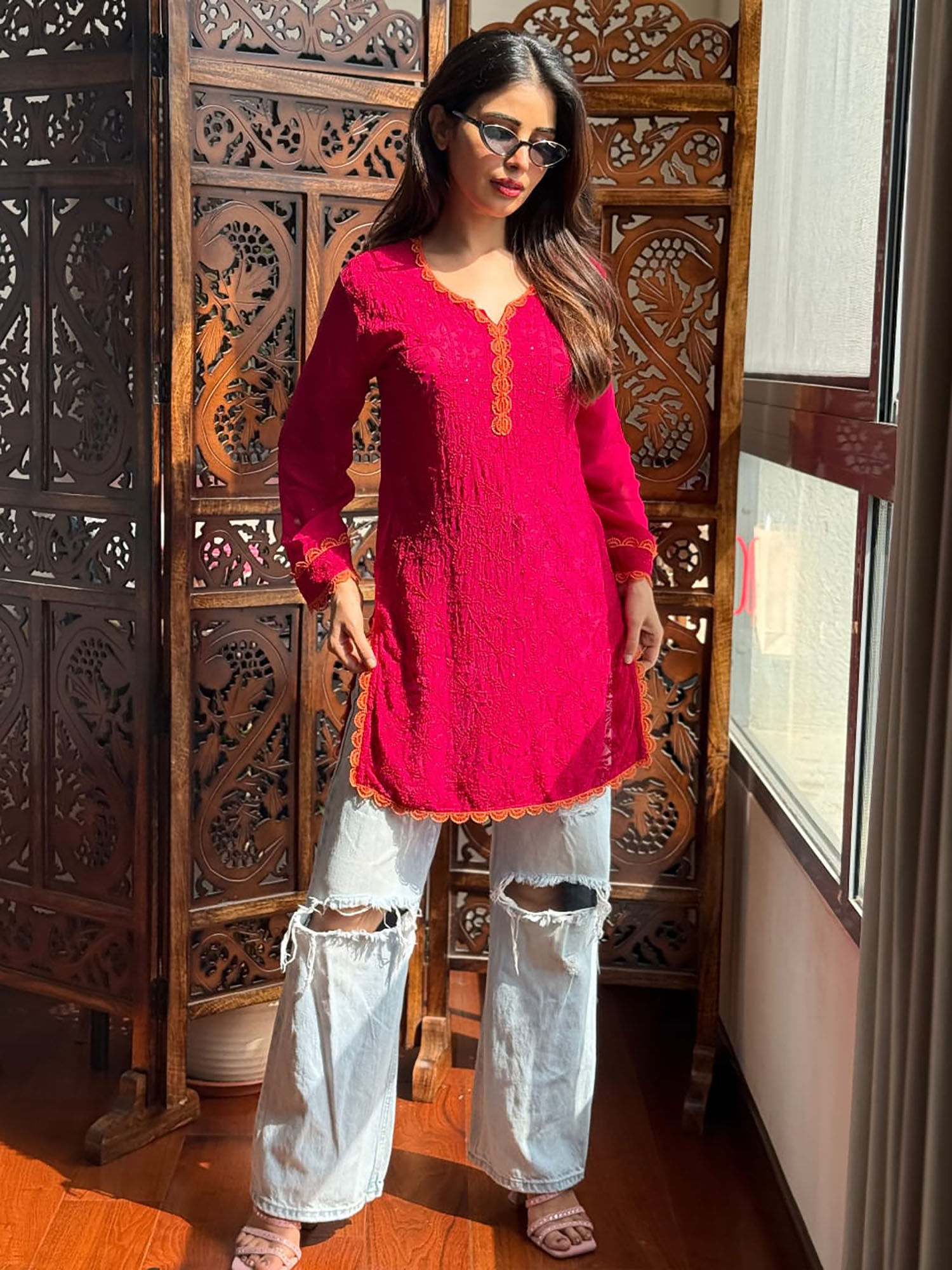 label aishwaryrika Sunkissed Magenta Chikankari Short Kurti-picture-24