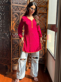 Label Aishwaryrika - Sunkissed Magenta Chikankari Short Kurti