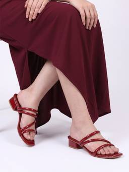 CHINRAAG - Women Red Glossy Multi-Strap Block Heels