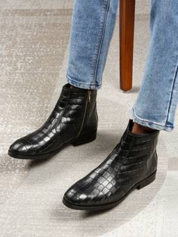 Teakwood - Men Black Croco-Textured Leather Casual Boots with Side Zipper