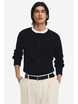 H&M - Men Black Slim Fit Ribbed Henley Neck T-Shirt
