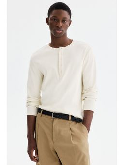 H&M - Men White Slim Fit Ribbed Henley Neck T-Shirt