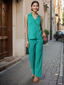 Freehand - Green Women Regular Fit Textured Shirt and Trouser Co-Ord (Set of 2)