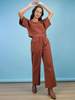 Freehand - Brown Women Regular Fit Solid Top and Pant Co-Ord (Set of 2)