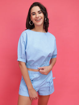 Freehand - Blue Women Regular Fit Solid Top and Shorts Co-Ord (Set of 2)