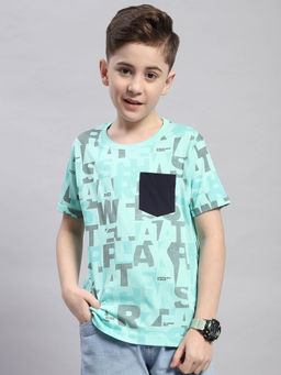 Monte Carlo - Boys Turquoise Printed Round Neck Half Sleeve T-Shirt