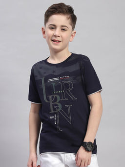 Monte Carlo - Boys Navy Blue Printed Round Neck Half Sleeve T-Shirt
