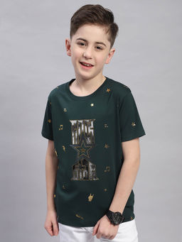 Monte Carlo - Boys Green Printed Round Neck Half Sleeve T-Shirt