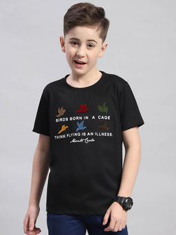 Monte Carlo - Boys Black Printed Round Neck Half Sleeve T-Shirt