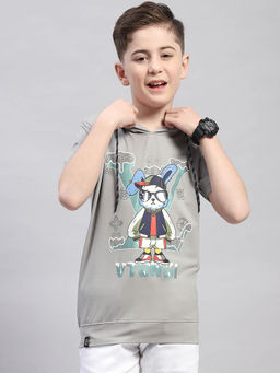 Monte Carlo - Boys Grey Printed Hooded Half Sleeve T-Shirt