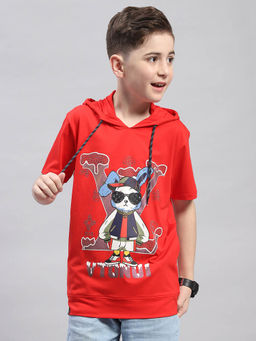 Monte Carlo - Boys Red Printed Hooded Half Sleeve T-Shirt
