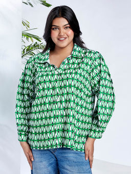 Globus - Gloplus Women Green Collared Neck Puffed Cuff Sleeves Abstract Print Plus Size Shirt