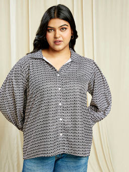 Globus - Gloplus Women Black Collared Neck Puffed Cuff Sleeves Abstract Print Plus Size Shirt