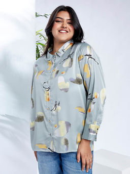 Globus - Gloplus Women Blue Collared Neck Cuff Sleeves Abstract Print Plus Size Shirt