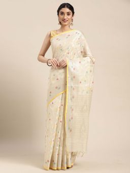 Banarasi Silk Works - Beige Masrise Cotton Tilfi Jaal Skirt Border Saree with Unstitched Blouse