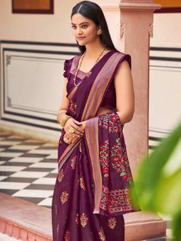 Odette - Womens Purple Chanderi Printed Saree with Unstitched Blouse
