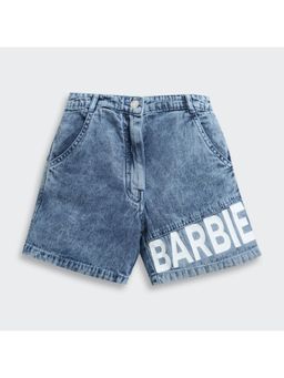 TINY GIRL - Barbie Solid Brand Name Printed Shorts- Light Blue