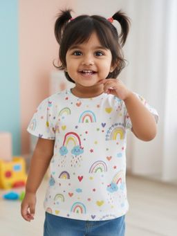 Pranava - Girls Organic Single Jersey Half Sleeves Rainbow Printed T-shirt - White