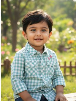 Pranava - Boys Organic Cotton Poplin Full Sleeves Check Shirt - Green