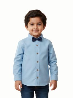 Pranava - Boys Organic Cotton Poplin Full Sleeves Shirt With Bowtie - Tide Blue