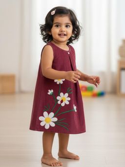 Pranava - Girls Organic Sleeveless Floral Embroidered Dress - Rhubarb Red
