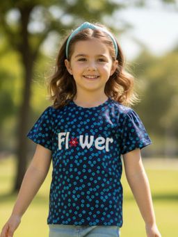 Pranava - Girls Organic Single Jersey Half Sleeves Floral Printed Top - Navy Blue