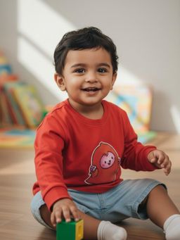 Pranava - Boys Organic Cotton Interlock Full Sleeves Applique Printed T-Shirt - Orange