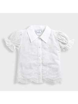 TINY GIRL - Cotton Puff Sleeves Embroidered Detailed Shirt- White