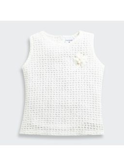 TINY GIRL - Sleeveless Self Textured Top Detailed with Brochure - White