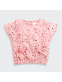 TINY GIRL - Cotton Cap Sleeves Embroidered Detailed Top- Pink