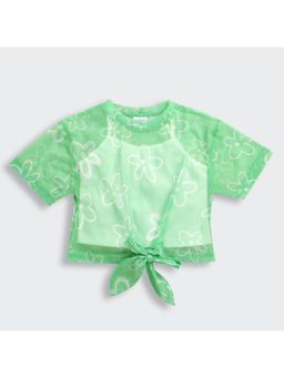 TINY GIRL - Half Sleeves Solid Inner with Flower Printed Top- Green