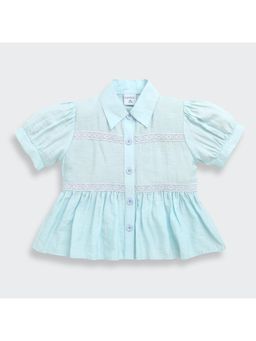 TINY GIRL - Cotton Solid Puff Sleeves Solid Shirt- Light Blue