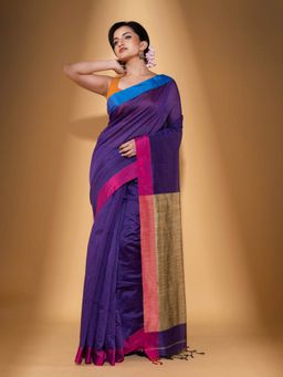 Beatitude - Purple Blended Cotton Woven Saree with Unstitched Blouse