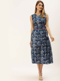 Maaesa - Blue Floral Printed A-Line Midi Dress