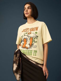 Difference of Opinion - Beige Womens Half Sleeve Printed Oversized Fit T-Shirt