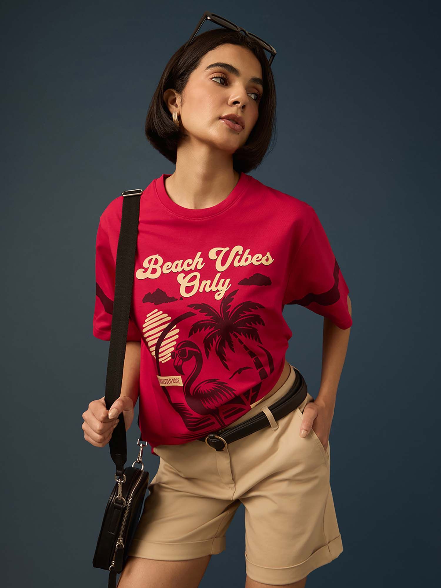 Red Womens Half Sleeve Printed Oversized Fit T-Shirt-image-9