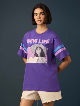 Difference of Opinion - Purple Womens Half Sleeve Printed Oversized Fit T-Shirt