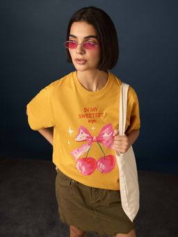 Difference of Opinion - Mustard Womens Half Sleeve Printed Oversized Fit T-Shirt