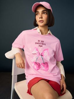 Difference of Opinion - Pink Womens Half Sleeve Printed Oversized Fit T-Shirt