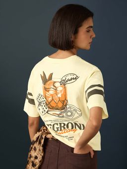 Difference of Opinion - Cream Womens Half Sleeve Printed Oversized Fit T-Shirt