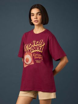 Difference of Opinion - Maroon Womens Half Sleeve Printed Oversized Fit T-Shirt