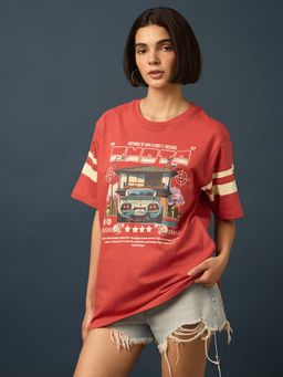 Difference of Opinion - Red Womens Half Sleeve Printed Oversized Fit T-Shirt