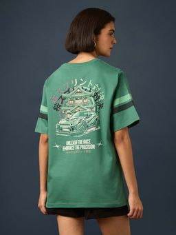Difference of Opinion - Green Womens Half Sleeve Printed Oversized Fit T-Shirt