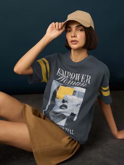 Difference of Opinion - Grey Womens Half Sleeve Printed Oversized Fit T-Shirt
