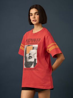 Difference of Opinion - Red Womens Half Sleeve Printed Oversized Fit T-Shirt