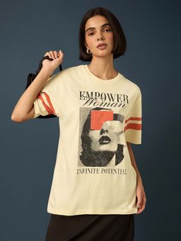 Difference of Opinion - Cream Womens Half Sleeve Printed Oversized Fit T-Shirt