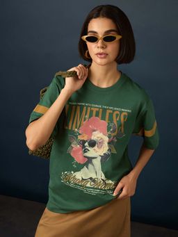 Difference of Opinion - Green Womens Half Sleeve Printed Oversized Fit T-Shirt