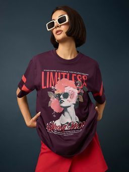Difference of Opinion - Burgundy Womens Half Sleeve Printed Oversized Fit T-Shirt