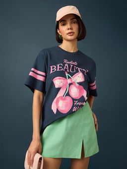 Difference of Opinion - Navy Blue Womens Half Sleeve Printed Oversized Fit T-Shirt