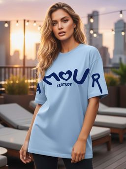 LEOTUDE - Blue Women Printed Oversized T-Shirt